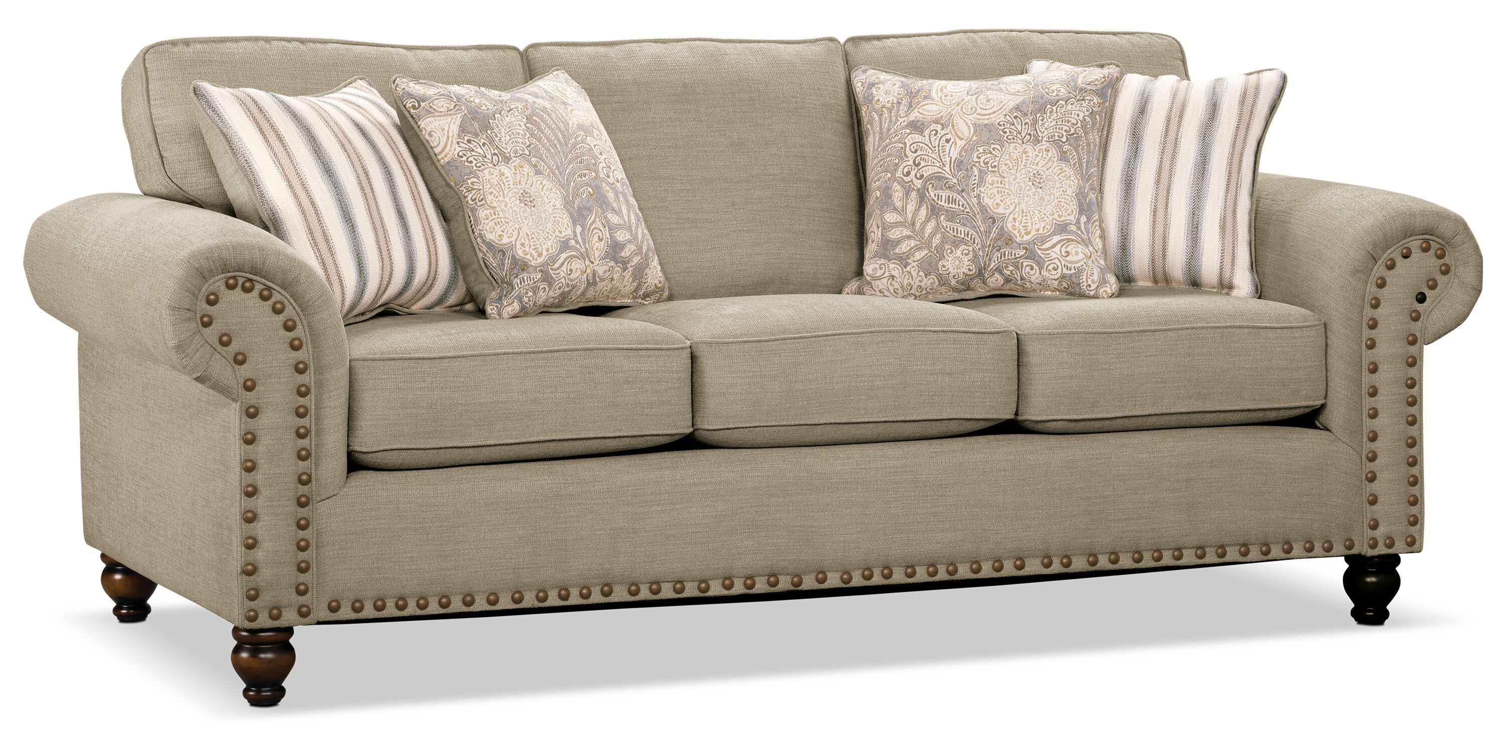 Made in Canada Wynn 93" Chenille Fabric Sofa with Nailhead Trim and Wood Bun Legs - Taupe | Sofa Wynn de 93 po fabriqué au Canada en tissu de chenille avec bordure de clous décoratifs et pattes en oignon en bois - taupe