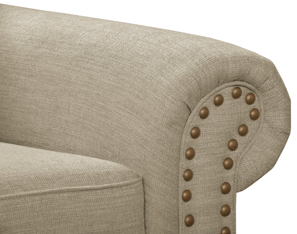 Made in Canada Wynn 93" Chenille Fabric Sofa with Nailhead Trim and Wood Bun Legs - Taupe | Sofa Wynn de 93 po fabriqué au Canada en tissu de chenille avec bordure de clous décoratifs et pattes en oignon en bois - taupe