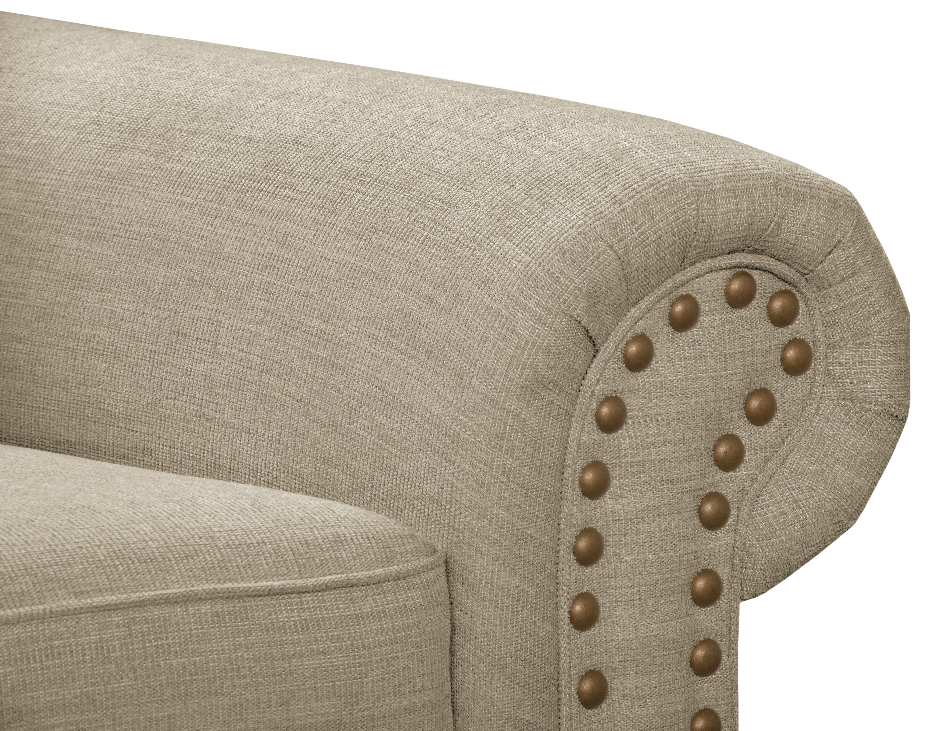 Made in Canada Wynn 93" Chenille Fabric Sofa with Nailhead Trim and Wood Bun Legs - Taupe | Sofa Wynn de 93 po fabriqué au Canada en tissu de chenille avec bordure de clous décoratifs et pattes en oignon en bois - taupe