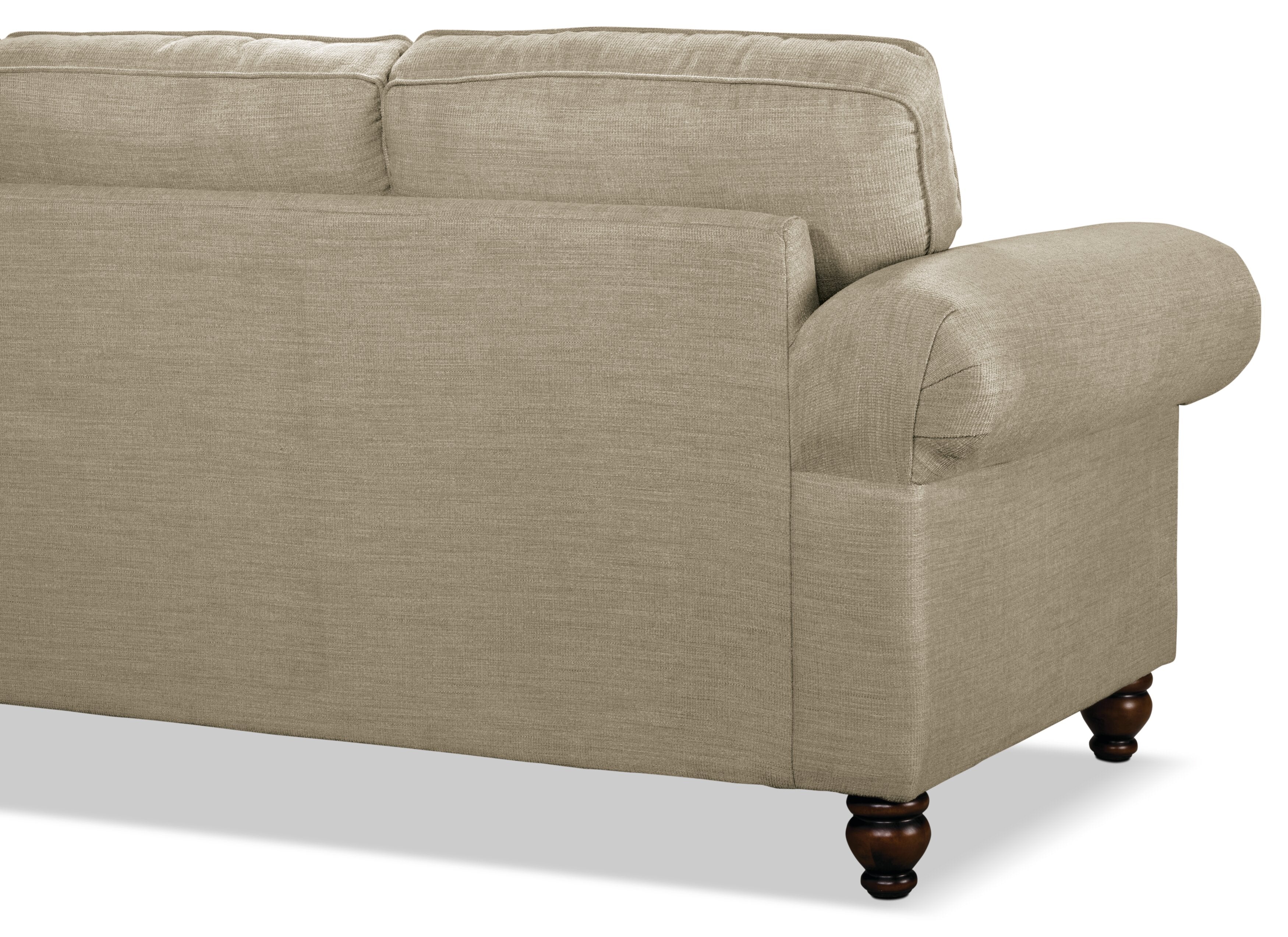 Made in Canada Wynn 93" Chenille Fabric Sofa with Nailhead Trim and Wood Bun Legs - Taupe | Sofa Wynn de 93 po fabriqué au Canada en tissu de chenille avec bordure de clous décoratifs et pattes en oignon en bois - taupe