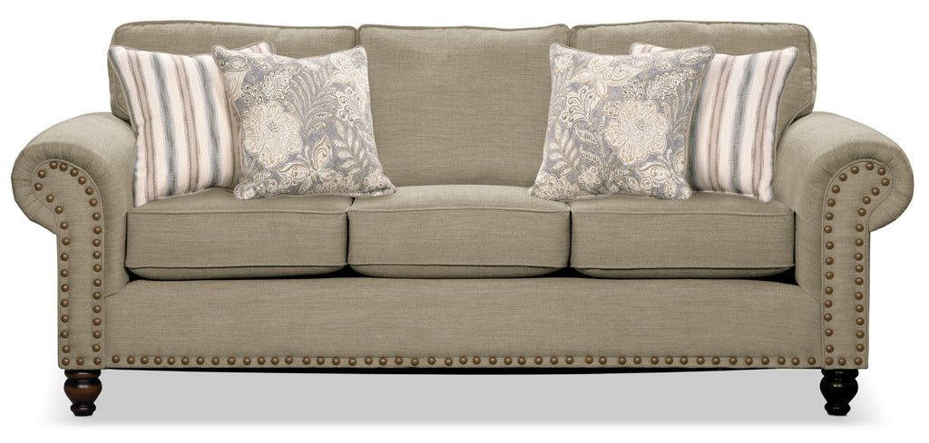 Made in Canada Wynn 93" Chenille Fabric Sofa with Nailhead Trim and Wood Bun Legs - Taupe | Sofa Wynn de 93 po fabriqué au Canada en tissu de chenille avec bordure de clous décoratifs et pattes en oignon en bois - taupe