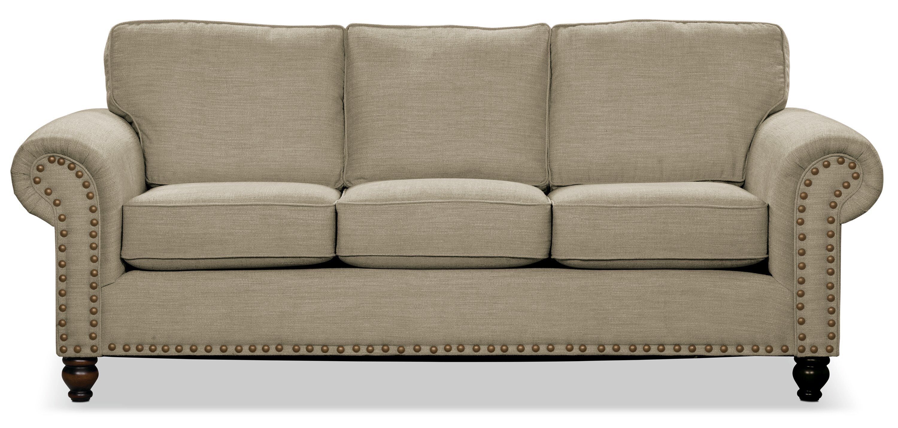 Made in Canada Wynn 93" Chenille Fabric Sofa with Nailhead Trim and Wood Bun Legs - Taupe | Sofa Wynn de 93 po fabriqué au Canada en tissu de chenille avec bordure de clous décoratifs et pattes en oignon en bois - taupe