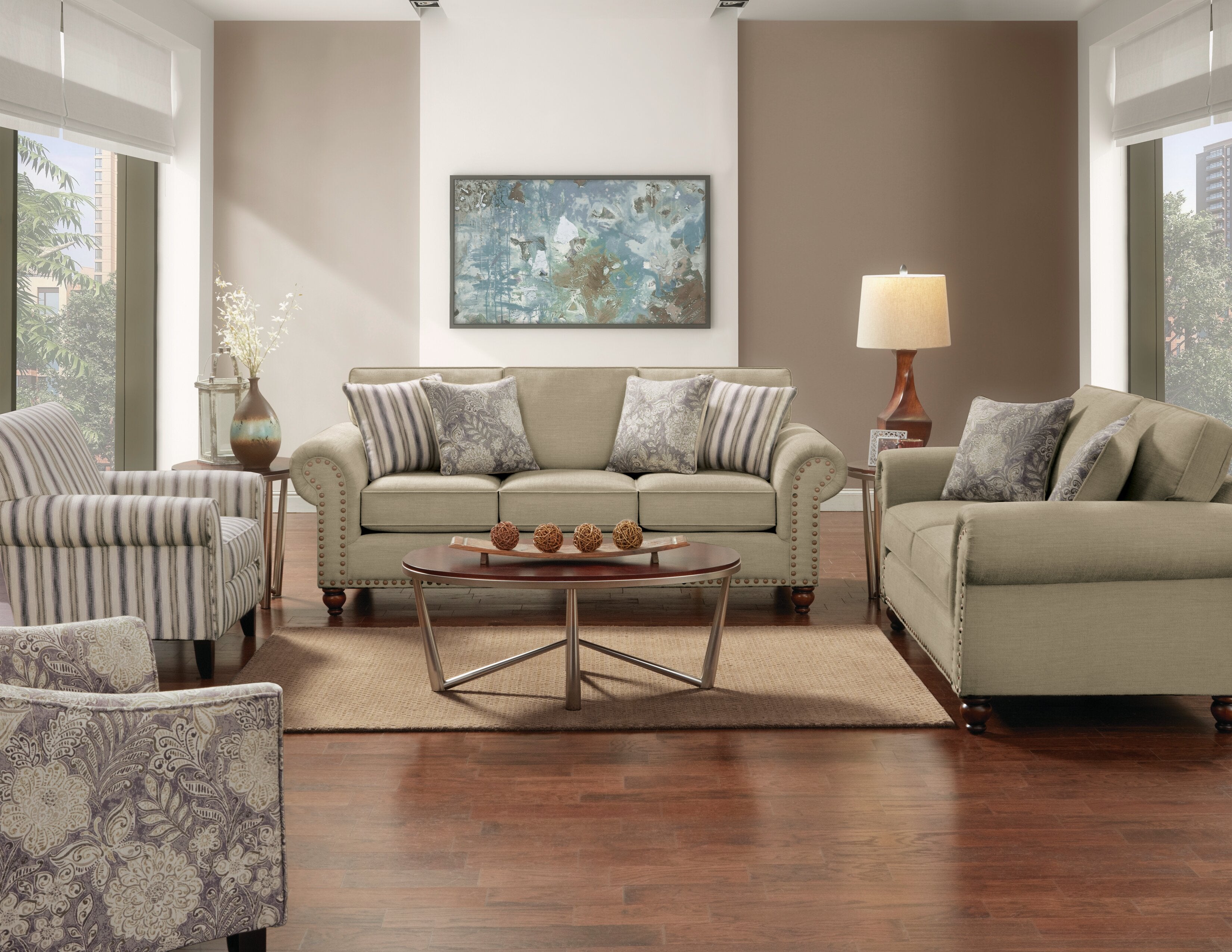 Made in Canada Wynn 93" Chenille Fabric Sofa with Nailhead Trim and Wood Bun Legs - Taupe | Sofa Wynn de 93 po fabriqué au Canada en tissu de chenille avec bordure de clous décoratifs et pattes en oignon en bois - taupe