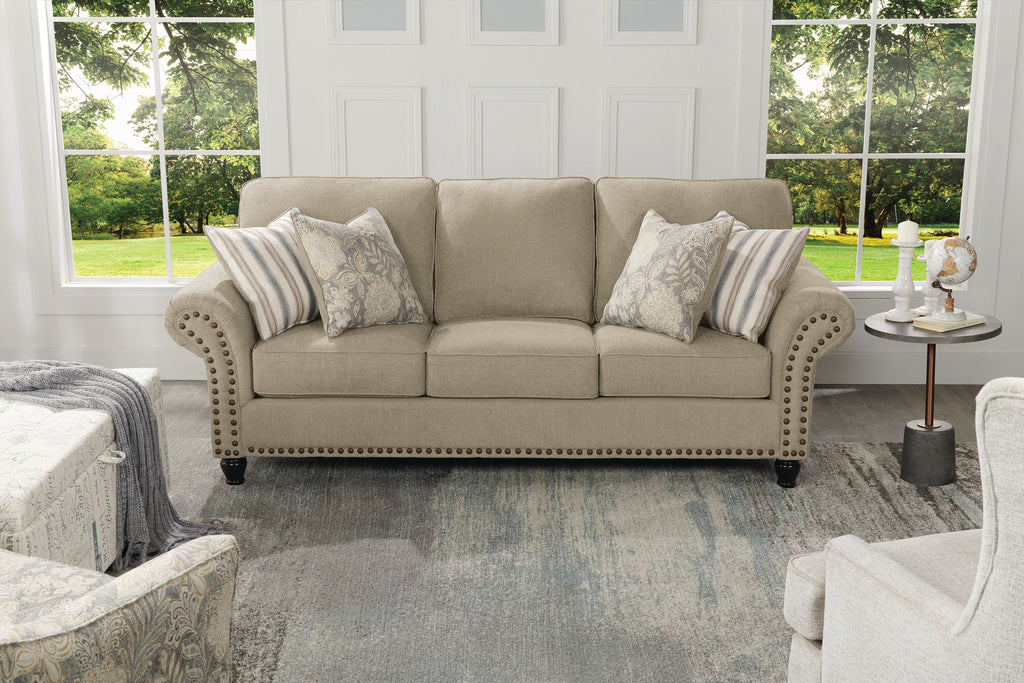 Made in Canada Wynn 93" Chenille Fabric Sofa with Nailhead Trim and Wood Bun Legs - Taupe | Sofa Wynn de 93 po fabriqué au Canada en tissu de chenille avec bordure de clous décoratifs et pattes en oignon en bois - taupe