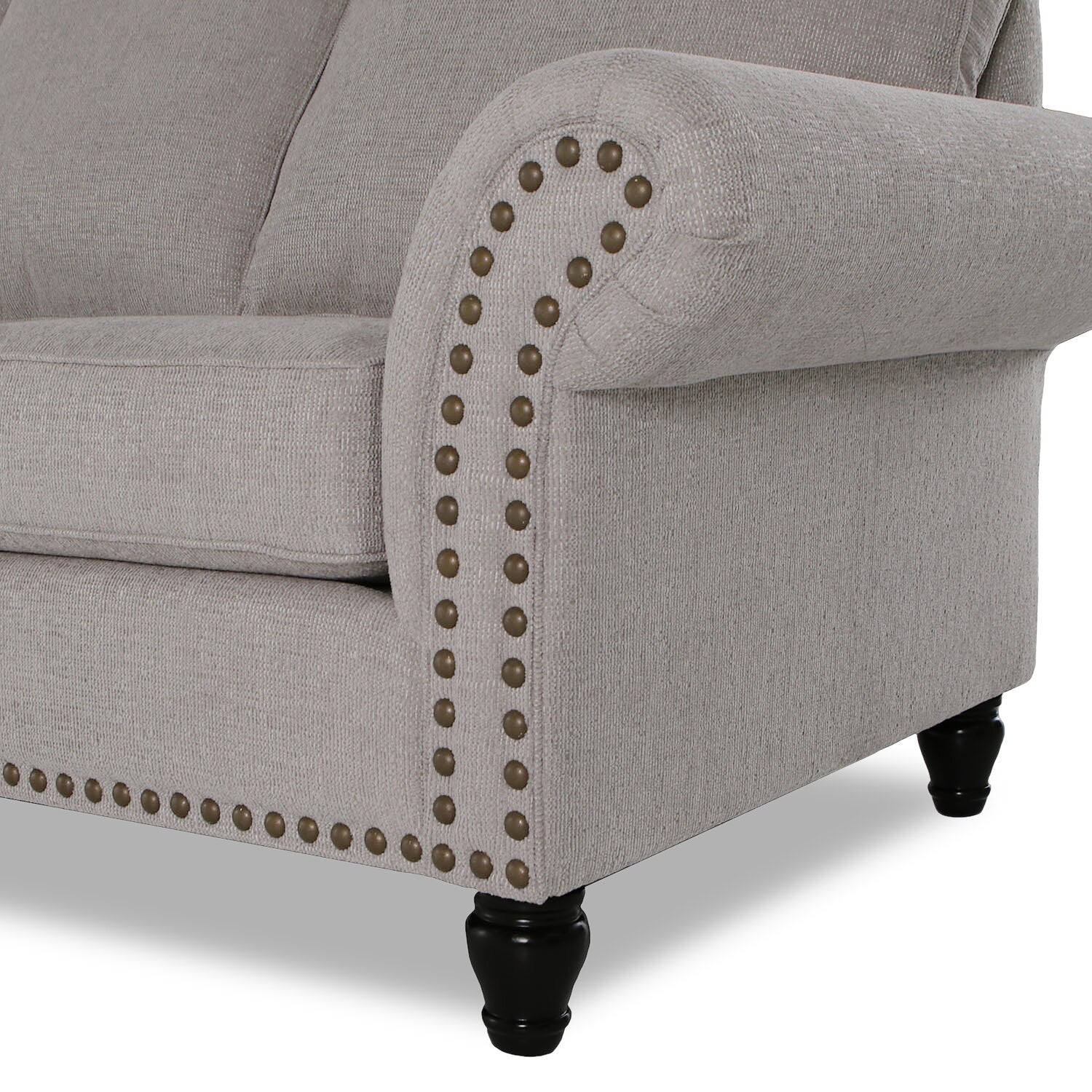 Made in Canada Wynn 93" Chenille Fabric Sofa with Nailhead Trim and Wood Bun Legs - Grey | Sofa Wynn de 93 po fabriqué au Canada en tissu de chenille avec bordure de clous décoratifs et pattes en oignon en bois - gris