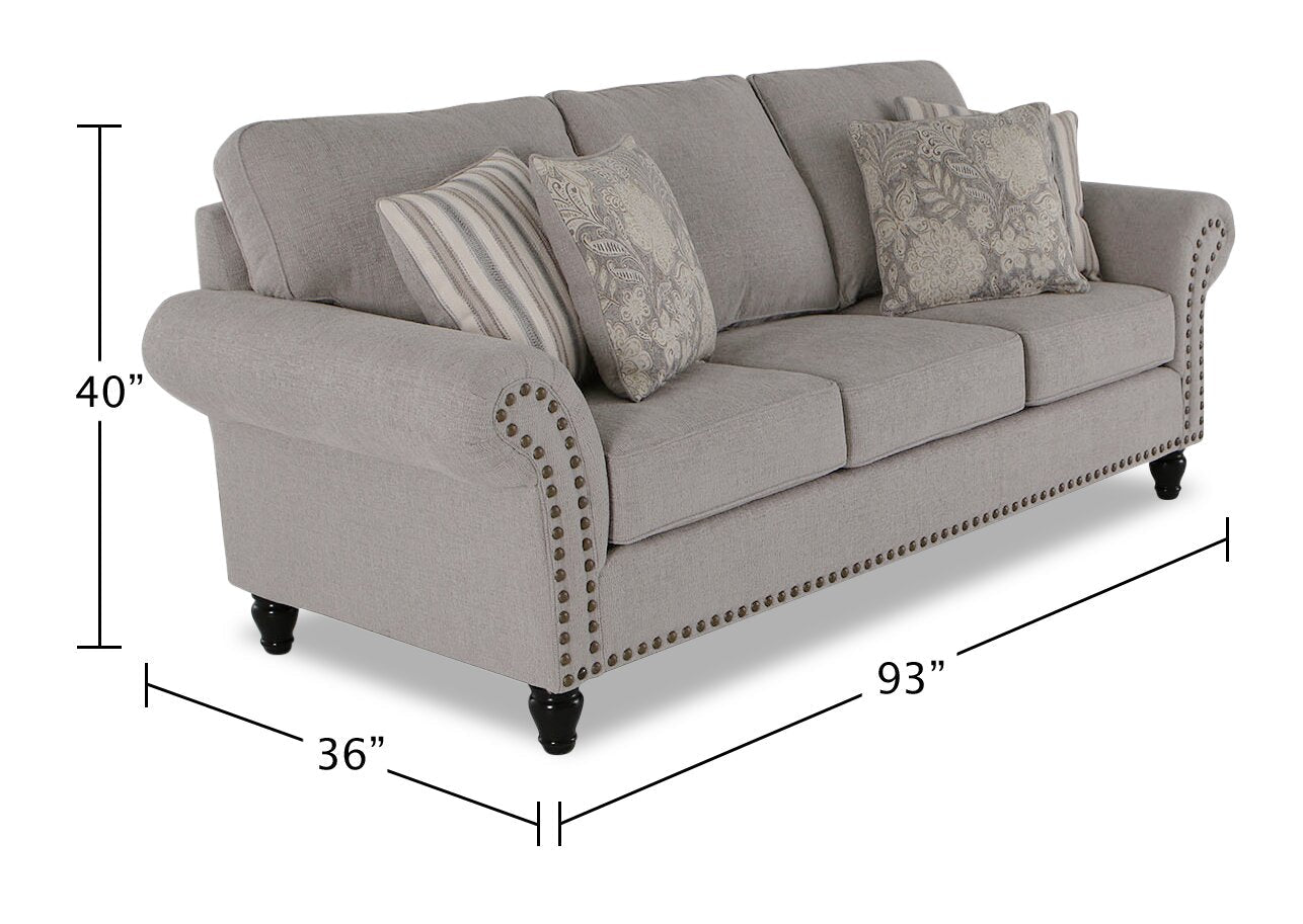 Made in Canada Wynn 93" Chenille Fabric Sofa with Nailhead Trim and Wood Bun Legs - Grey | Sofa Wynn de 93 po fabriqué au Canada en tissu de chenille avec bordure de clous décoratifs et pattes en oignon en bois - gris
