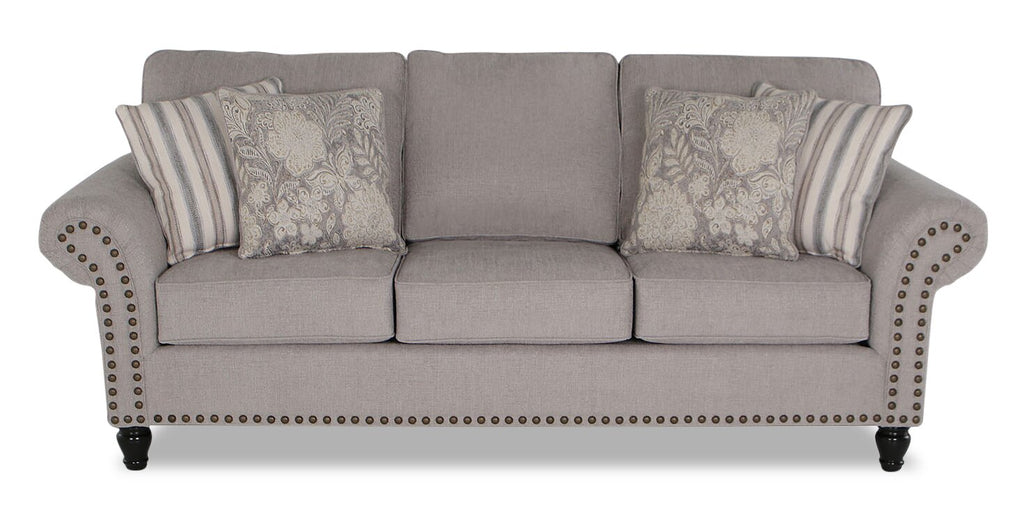 Made in Canada Wynn 93" Chenille Fabric Sofa with Nailhead Trim and Wood Bun Legs - Grey | Sofa Wynn de 93 po fabriqué au Canada en tissu de chenille avec bordure de clous décoratifs et pattes en oignon en bois - gris