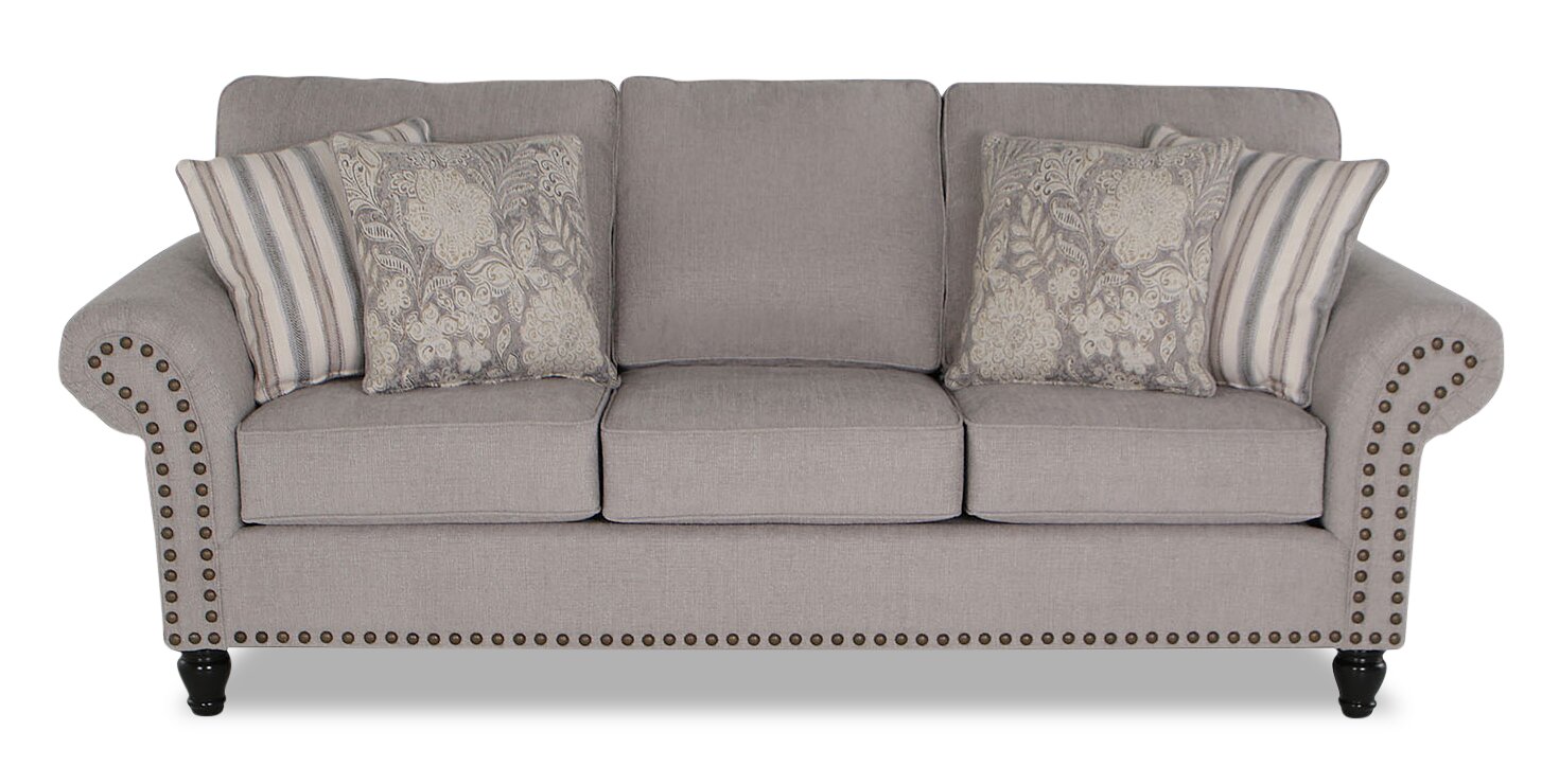 Made in Canada Wynn 93" Chenille Fabric Sofa with Nailhead Trim and Wood Bun Legs - Grey | Sofa Wynn de 93 po fabriqué au Canada en tissu de chenille avec bordure de clous décoratifs et pattes en oignon en bois - gris