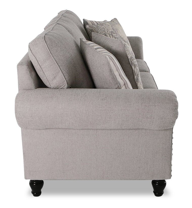 Made in Canada Wynn 93" Chenille Fabric Sofa with Nailhead Trim and Wood Bun Legs - Grey | Sofa Wynn de 93 po fabriqué au Canada en tissu de chenille avec bordure de clous décoratifs et pattes en oignon en bois - gris