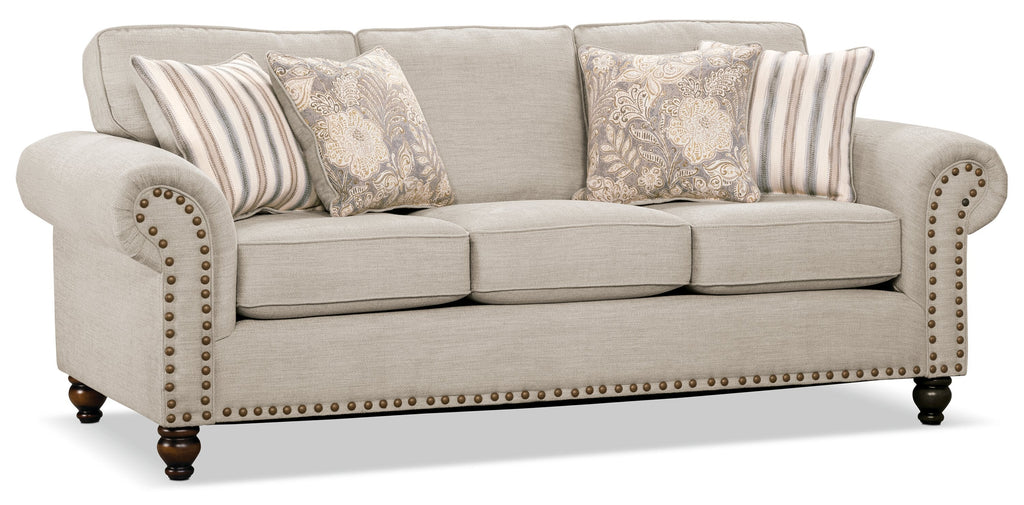 Made in Canada Wynn 93" Chenille Fabric Sofa with Nailhead Trim and Wood Bun Legs - Linen Beige | Sofa Wynn de 93 po fabriqué au Canada en tissu de chenille avec bordure de clous décoratifs et pattes en oignon en bois - beige lin