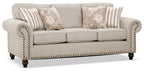 Made in Canada Wynn 93" Chenille Fabric Sofa with Nailhead Trim and Wood Bun Legs - Linen Beige | Sofa Wynn de 93 po fabriqué au Canada en tissu de chenille avec bordure de clous décoratifs et pattes en oignon en bois - beige lin