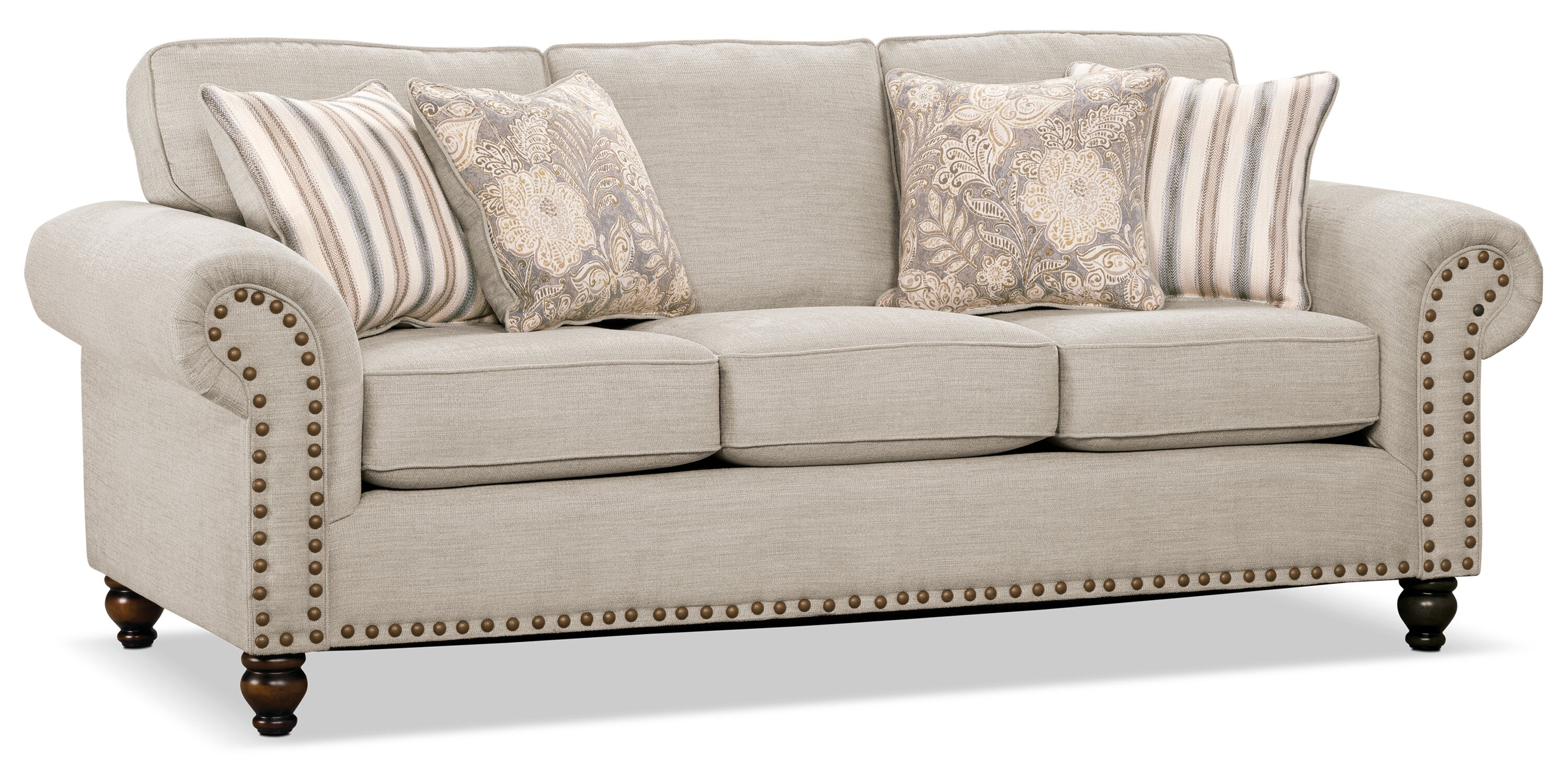Made in Canada Wynn 93" Chenille Fabric Sofa with Nailhead Trim and Wood Bun Legs - Linen Beige | Sofa Wynn de 93 po fabriqué au Canada en tissu de chenille avec bordure de clous décoratifs et pattes en oignon en bois - beige lin