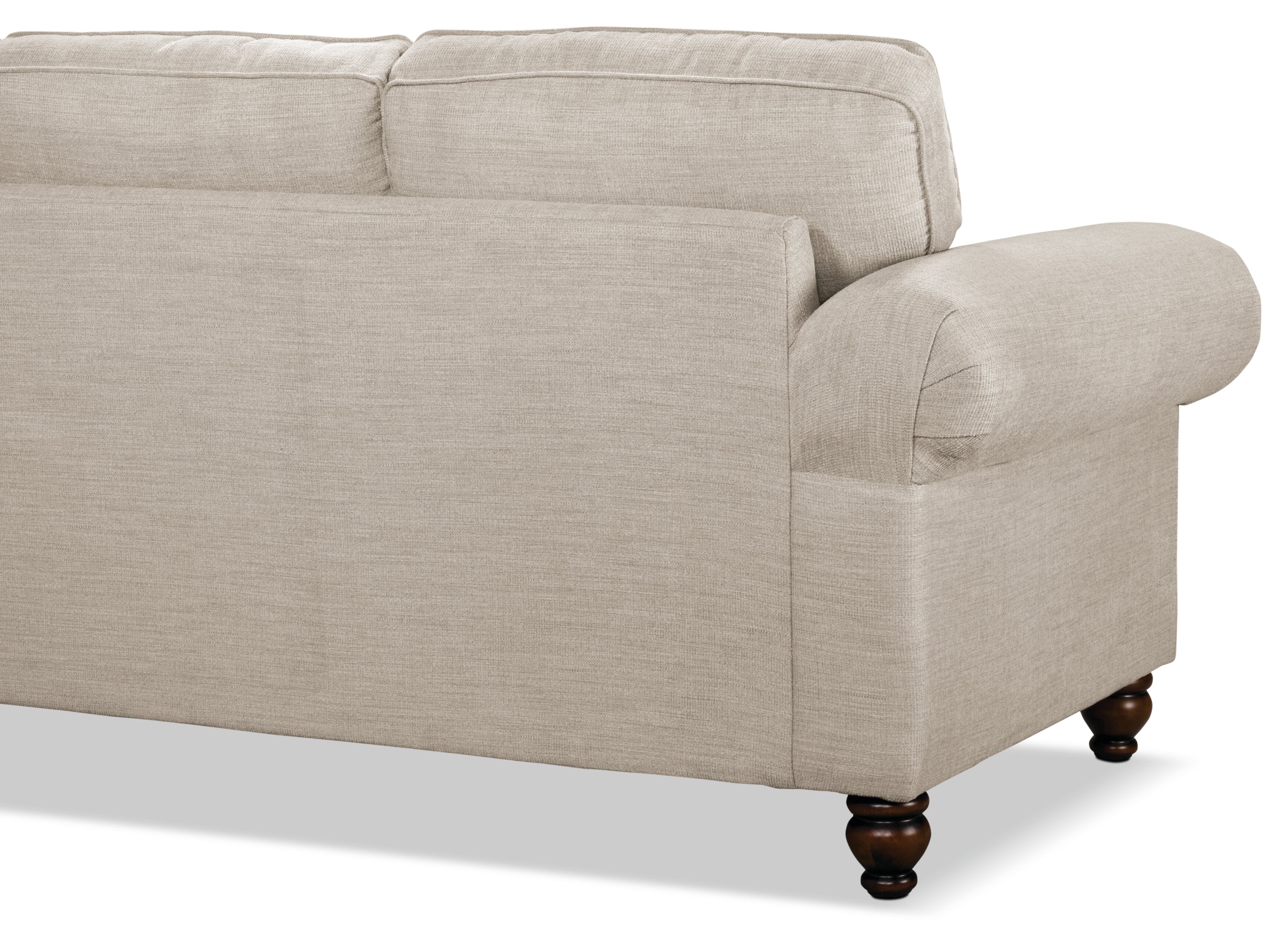 Made in Canada Wynn 93" Chenille Fabric Sofa with Nailhead Trim and Wood Bun Legs - Linen Beige | Sofa Wynn de 93 po fabriqué au Canada en tissu de chenille avec bordure de clous décoratifs et pattes en oignon en bois - beige lin