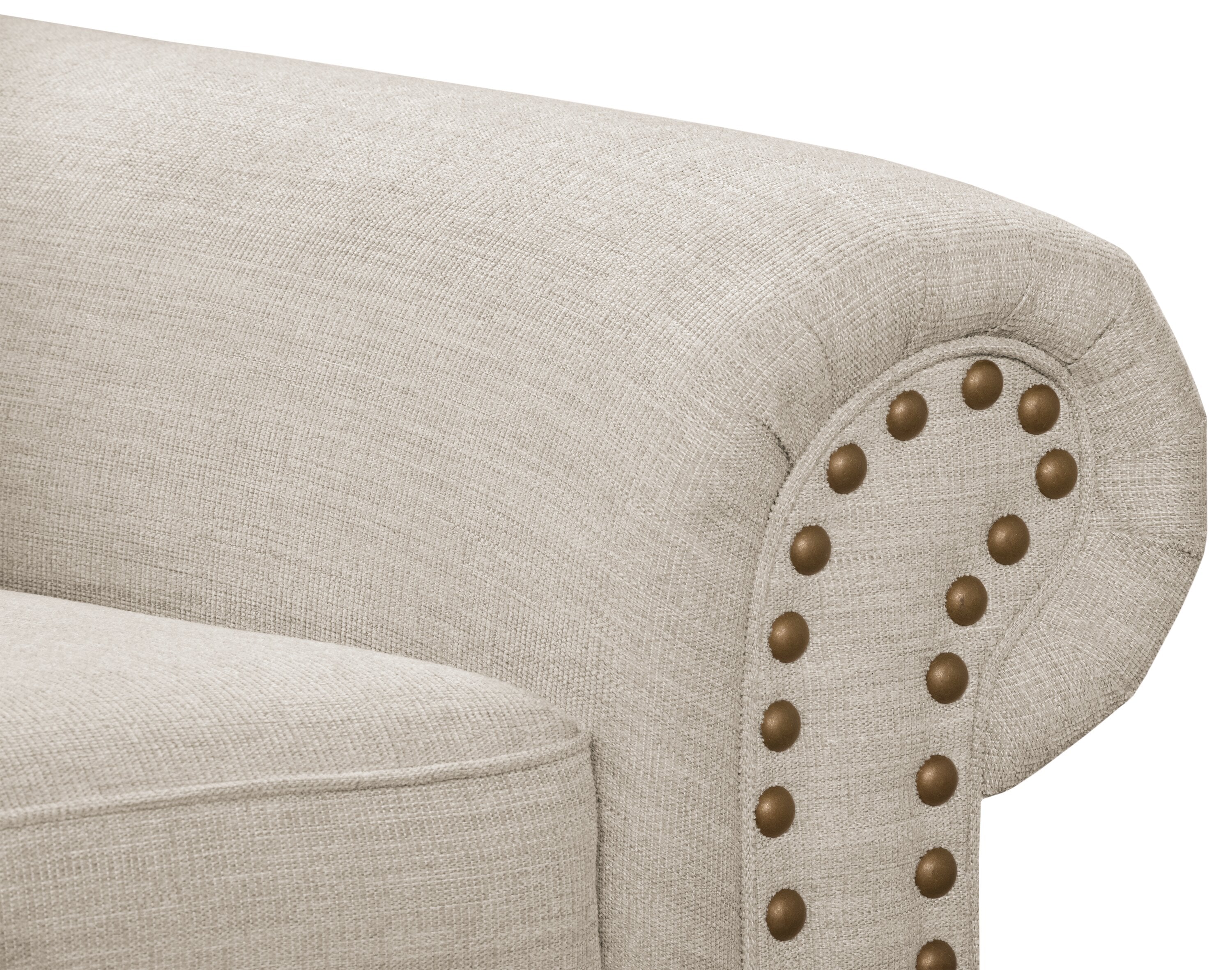 Made in Canada Wynn 93" Chenille Fabric Sofa with Nailhead Trim and Wood Bun Legs - Linen Beige | Sofa Wynn de 93 po fabriqué au Canada en tissu de chenille avec bordure de clous décoratifs et pattes en oignon en bois - beige lin