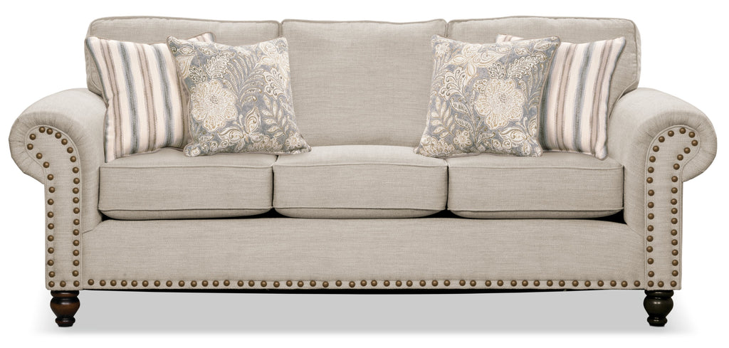 Made in Canada Wynn 93" Chenille Fabric Sofa with Nailhead Trim and Wood Bun Legs - Linen Beige | Sofa Wynn de 93 po fabriqué au Canada en tissu de chenille avec bordure de clous décoratifs et pattes en oignon en bois - beige lin