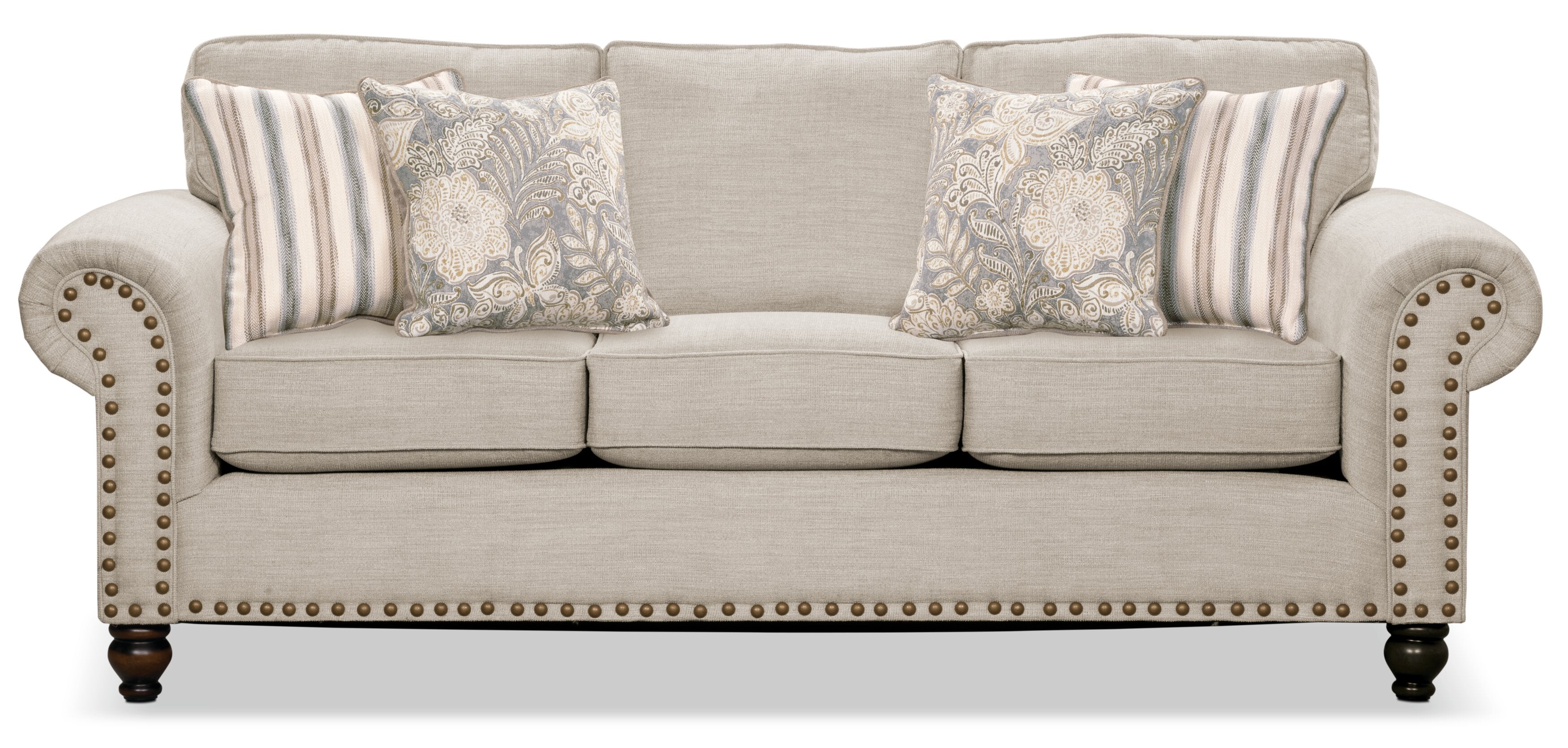 Made in Canada Wynn 93" Chenille Fabric Sofa with Nailhead Trim and Wood Bun Legs - Linen Beige | Sofa Wynn de 93 po fabriqué au Canada en tissu de chenille avec bordure de clous décoratifs et pattes en oignon en bois - beige lin