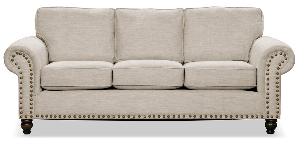 Made in Canada Wynn 93" Chenille Fabric Sofa with Nailhead Trim and Wood Bun Legs - Linen Beige | Sofa Wynn de 93 po fabriqué au Canada en tissu de chenille avec bordure de clous décoratifs et pattes en oignon en bois - beige lin