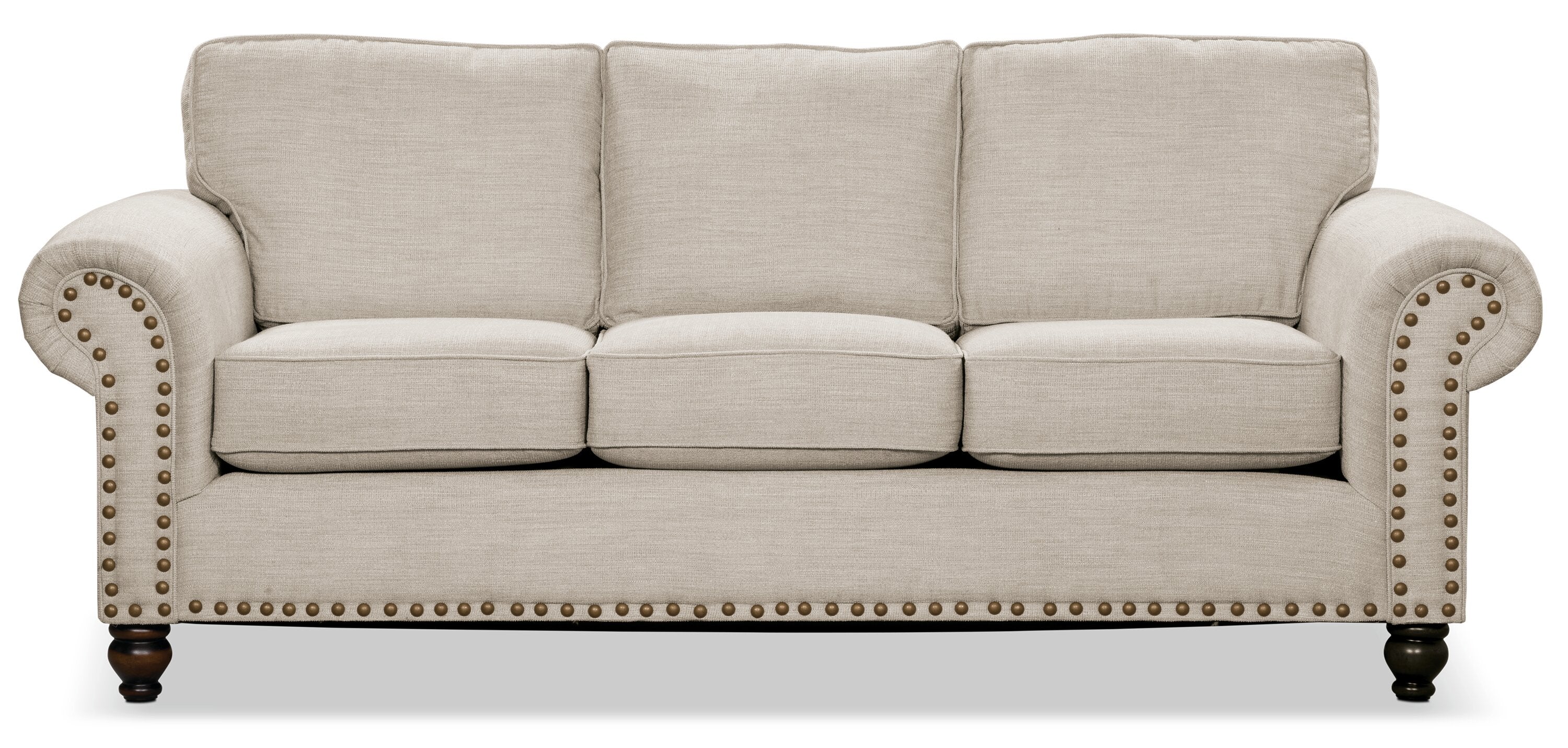 Made in Canada Wynn 93" Chenille Fabric Sofa with Nailhead Trim and Wood Bun Legs - Linen Beige | Sofa Wynn de 93 po fabriqué au Canada en tissu de chenille avec bordure de clous décoratifs et pattes en oignon en bois - beige lin