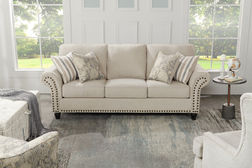 Made in Canada Wynn 93" Chenille Fabric Sofa with Nailhead Trim and Wood Bun Legs - Linen Beige | Sofa Wynn de 93 po fabriqué au Canada en tissu de chenille avec bordure de clous décoratifs et pattes en oignon en bois - beige lin