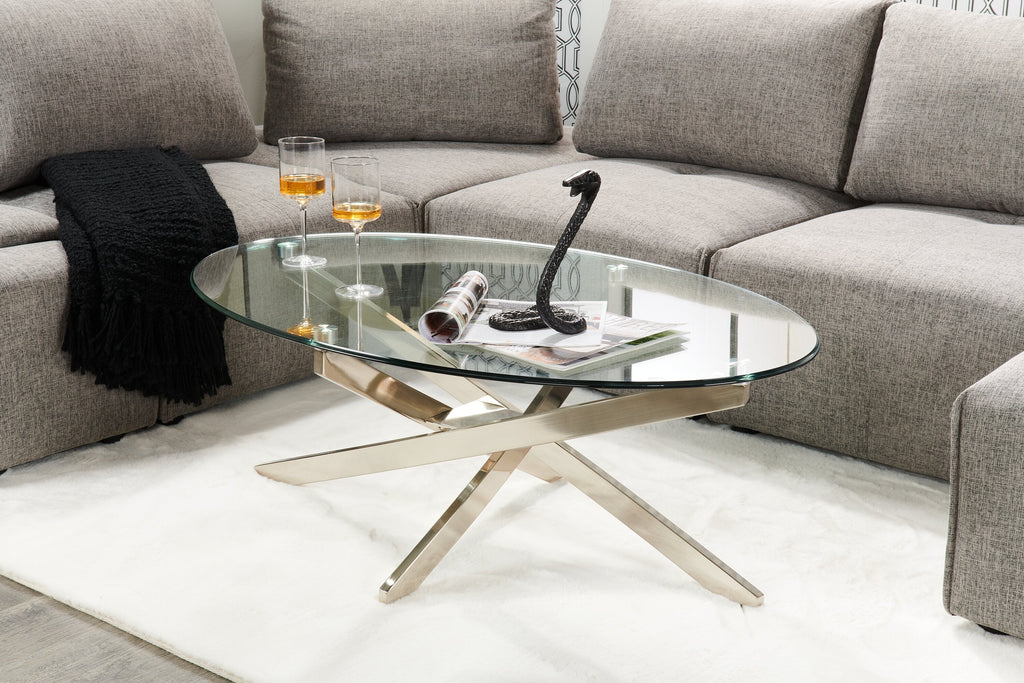 Zila 48" Modern Round Glass Top Coffee Table - Silver with Stainless Steel Base|Table à café ronde moderne Zila de 48 po avec dessus en verre - argentée avec base en acier inoxydable